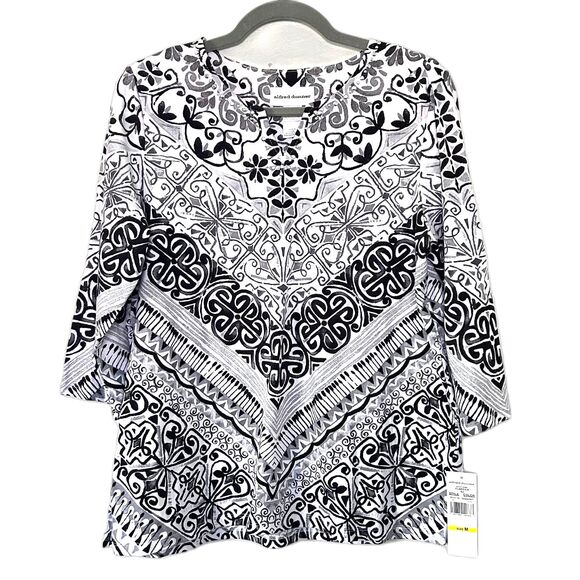 Alfred Dunner Black White Boho Tunic Top Cotton Spandex Size Medium - Picture 1 of 10